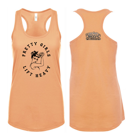 Pretty Girls Lift Heavy Sunset Orange Ladies Racerback Tank