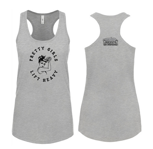 Pretty Girls Lift Heavy Heather Grey Ladies Racerback Tank