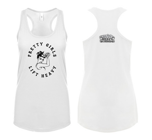 Pretty Girls Lift Heavy White Ladies Racerback Tank