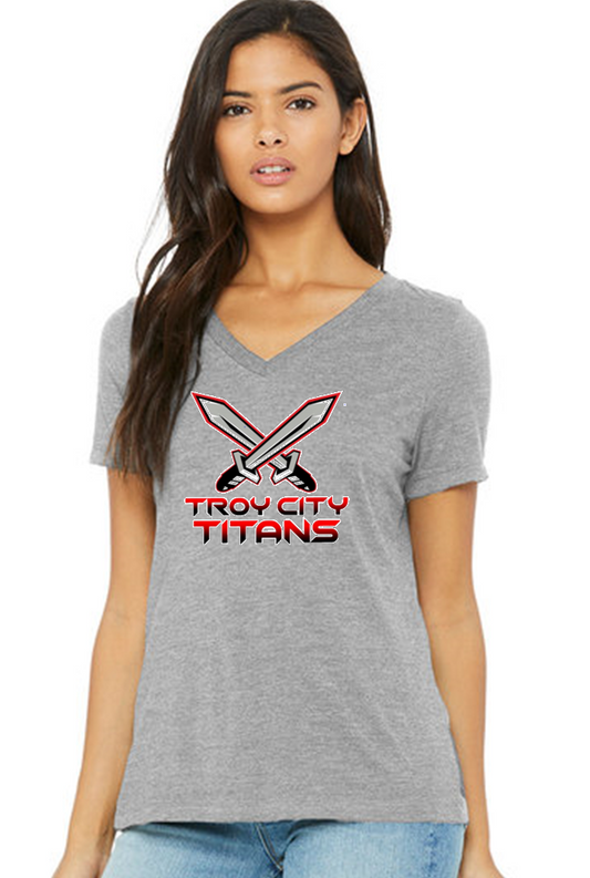 TC Titan Swords Heather Grey Ladies Fit V-Neck TShirts