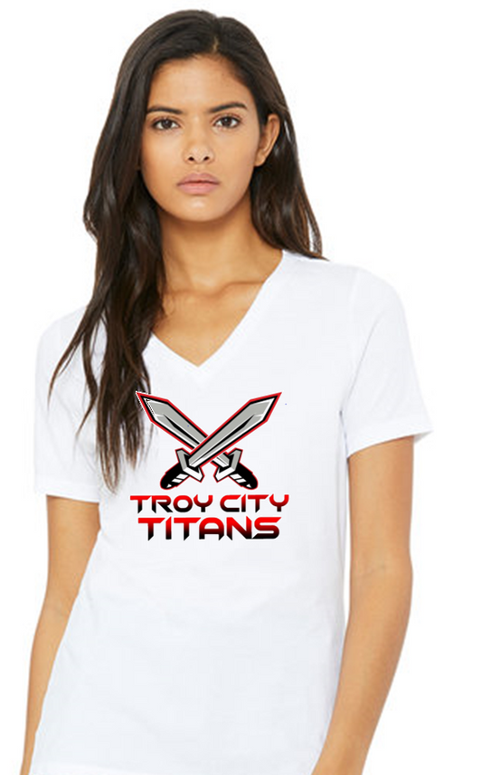 TC Titan Swords White Ladies Fit V-Neck TShirts